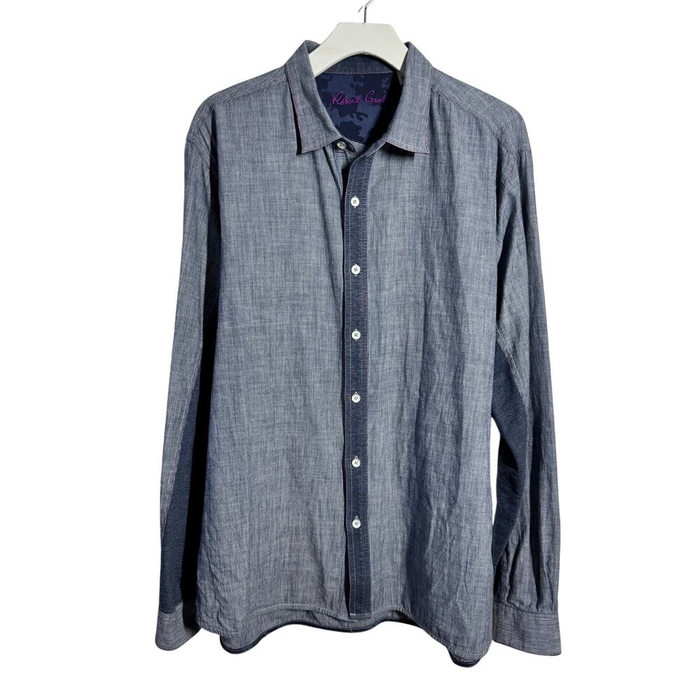 ROBERT GRAHAM Tailored‎ Fit Long Sleeve Collared Denim Stripe Casual Shirt 2XL